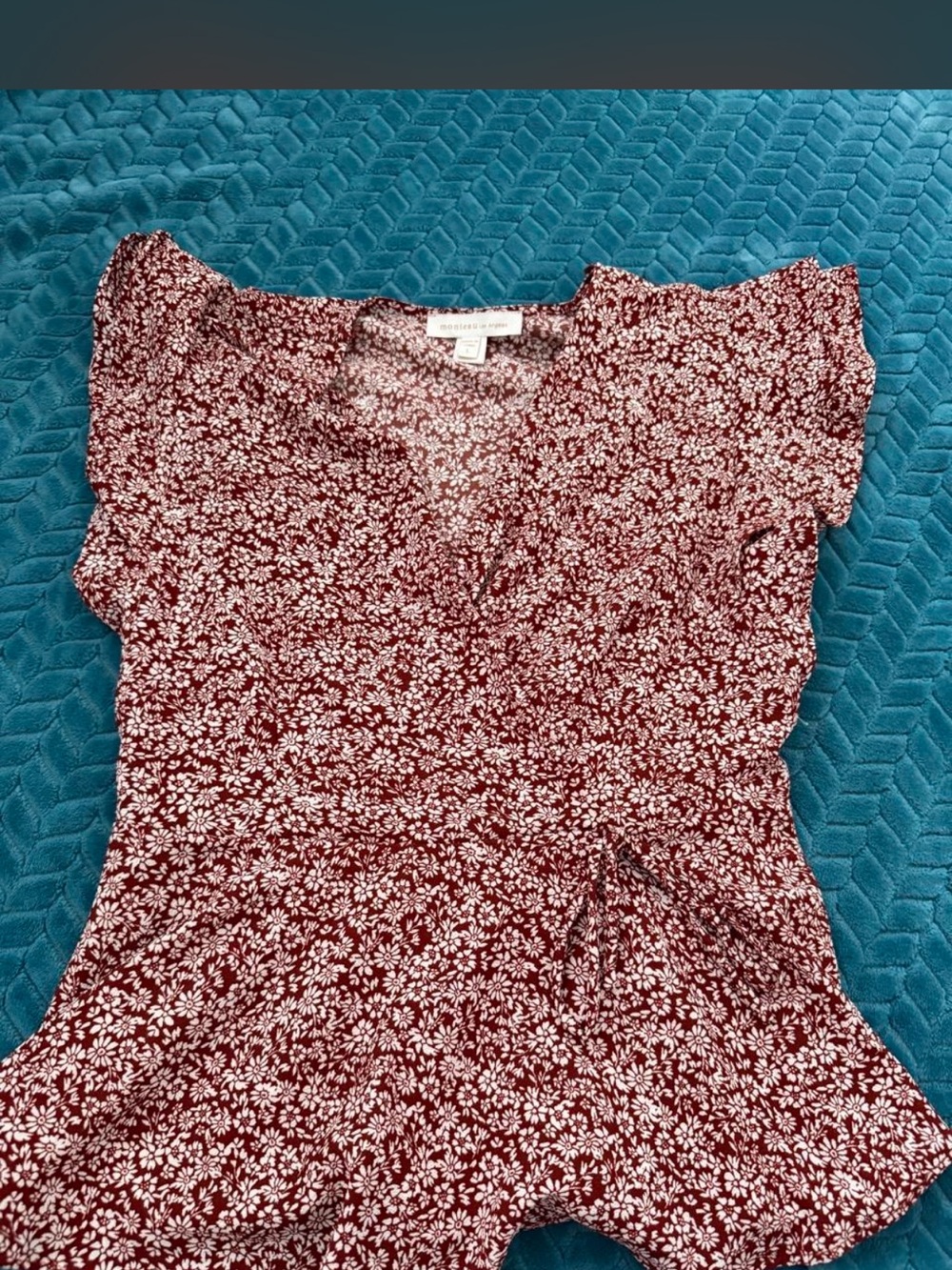 Monteau Burgundy Floral Split V-Neck Ruffle Top
